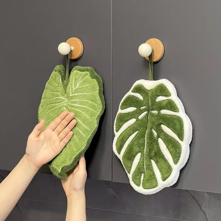 2 Pcs Set Leaf Design Coral Fleece Hand Towel Soft Absorbent Towel for Kitchen, Bathroom, and Countertop Decor