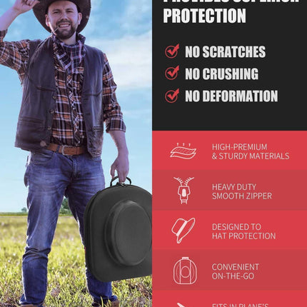 Hat Box for Travel - Crush Proof Cowboy Hat Holder Storage, Hard Travel Hat Carrier Case for Cowboy, Panama & Tweed Hats - Carrying Handle, Luggage Straps & Shoulder - Large