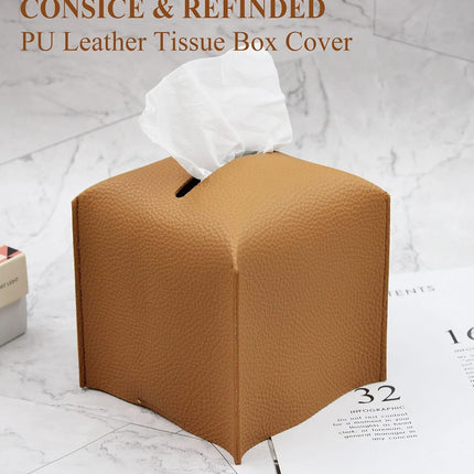 Tissue Box Cover, Modern PU Leather Tissue Box Holder - Decorative Holder/Organizer for Bathroom Vanity Countertop, Night Stands, Office Desk & Car