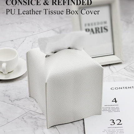 Tissue Box Cover, Modern PU Leather Tissue Box Holder - Decorative Holder/Organizer for Bathroom Vanity Countertop, Night Stands, Office Desk & Car - Off White