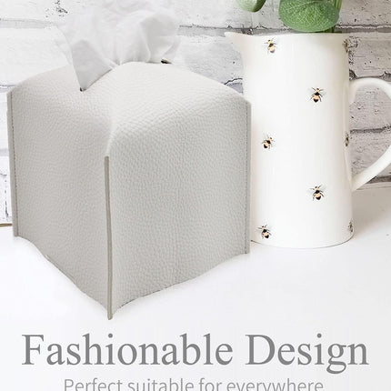 Tissue Box Cover, Modern PU Leather Tissue Box Holder - Decorative Holder/Organizer for Bathroom Vanity Countertop, Night Stands, Office Desk & Car - Off White