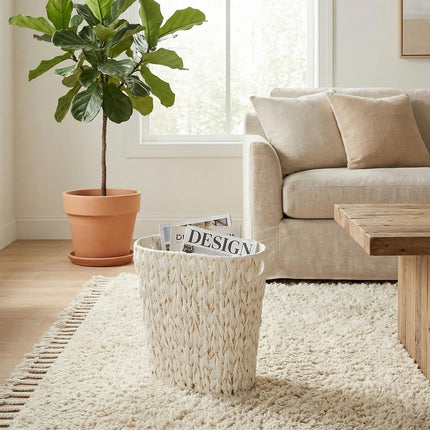 Wicker Trash Can,Bathroom Trash Can,Waterproof Wicker Waste Basket for Bathroom,Narrow Small Waste Basket for Bedroom,Office, Cream White 5 Gallon