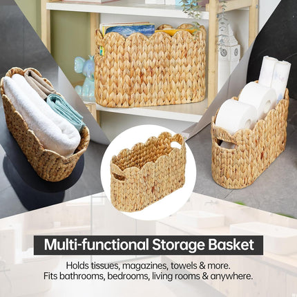 Toilet Paper Storage Basket,Scalloped Wicker Basket for Bathroom Organizers and Storage,Hand-Woven Rattan Bathroom Decor Accessories,Natural Water Hyacinth