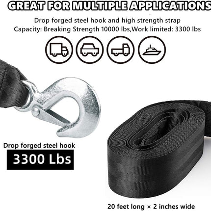 Trailer Winch Strap 2" x 20' with Safety Snap Hook 10000 lbs for Towing Vehicles, Boats and Jet Ski | Polyester | Longer Warranty