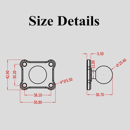 1'' Ball Mount Base with Aluminum Alloy 4-Hole AMPS Square Plate Compatible with RAM Mounts B Size 1 Inch Ball Double Socket Arm