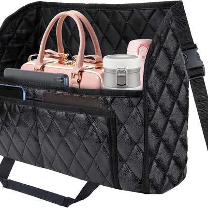 Car Purse Holder Between Seats, Leather Auto Front Seat Handbag Organizer Pocket, Large Capacity Car Net Pocket Handbag Holder, Backseat Barrier Storage Bag Fits for Car, Truck, SUV