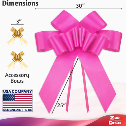 - Big Car Bow - Pink, 30 Inch - Giant Car Bow w/ 2 Gold Accessory Bows for Birthday, Christmas, Wedding Reception, Surprise Party - Large Gift Wrapping for Huge Present