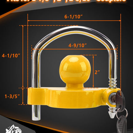 Trailer Coupler Lock Universal Adjustable Heavy-Duty Steel Trailer Hitch Lock, Anti Theft Trailer Ball Lock Towing Lock for Towing Trailer Security Fits 1-7/8",2”, 2-5/16" Coupler Yellow
