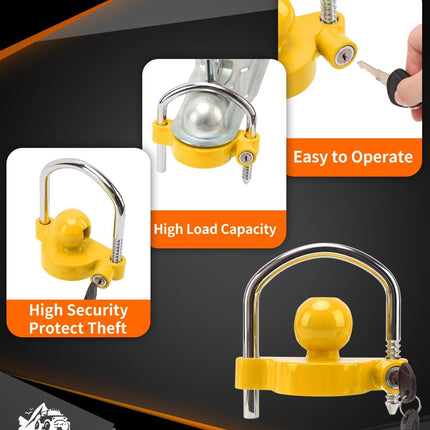 Trailer Coupler Lock Universal Adjustable Heavy-Duty Steel Trailer Hitch Lock, Anti Theft Trailer Ball Lock Towing Lock for Towing Trailer Security Fits 1-7/8",2”, 2-5/16" Coupler Yellow