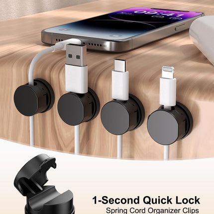 12 Pack 360° Rotatable Spring Cable Clips[1s Lock], Adhesive Cord Holder for Nightstand, Phone Charger Cord Holder for Desk Home Office Car Game Station