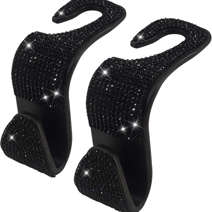 2 Pack Car Hooks, 2021 New Bling Rhinestones Crystal Hooks Car Decorations Auto Seat Back Organizers Strong and Durable Backseat Hanger Storage Universal for SUV Truck Vehicle (Black)