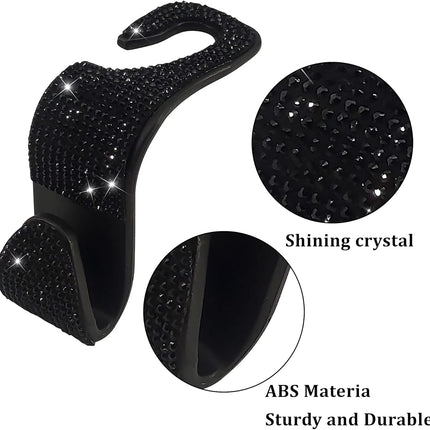 2 Pack Car Hooks, 2021 New Bling Rhinestones Crystal Hooks Car Decorations Auto Seat Back Organizers Strong and Durable Backseat Hanger Storage Universal for SUV Truck Vehicle (Black)