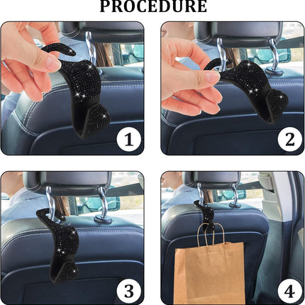 2 Pack Car Hooks, 2021 New Bling Rhinestones Crystal Hooks Car Decorations Auto Seat Back Organizers Strong and Durable Backseat Hanger Storage Universal for SUV Truck Vehicle (Black)