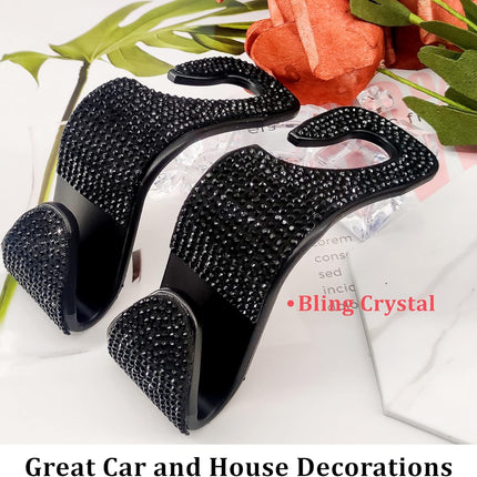 2 Pack Car Hooks, 2021 New Bling Rhinestones Crystal Hooks Car Decorations Auto Seat Back Organizers Strong and Durable Backseat Hanger Storage Universal for SUV Truck Vehicle (Black)