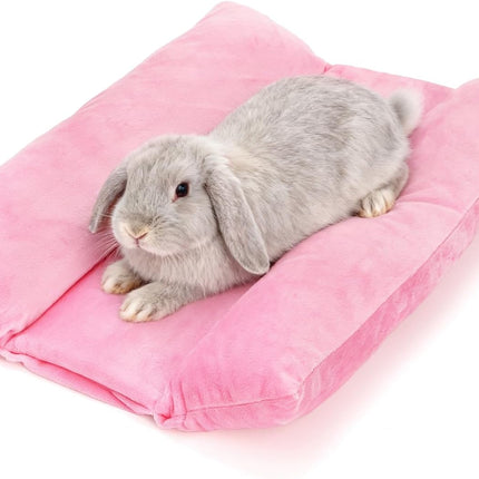 16" x 12" Soft Bunny Bed, Thick Rabbits Concave Beds, Reversible Cuddle Cushion Plush Mat with Cotton Lounger Pillows, Washable Fleece Flop Bedding for Guinea Pig, Ferret, Small Animals