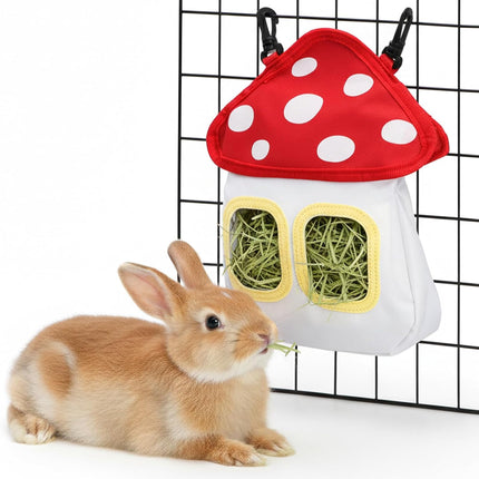 Bunny Hay Feeder Bag, Cute Mushroom Hanging Holder, Durable Dispenser with 600D Oxford Fabric for Guinea Pigs Chinchillas Hamster, Small Animal Cage Accessories