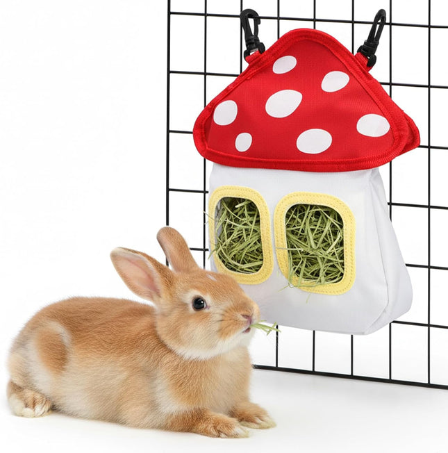 Bunny Hay Feeder Bag Cute Mushroom Hanging Holder Durable Dispenser with 600D Oxford Fabric for