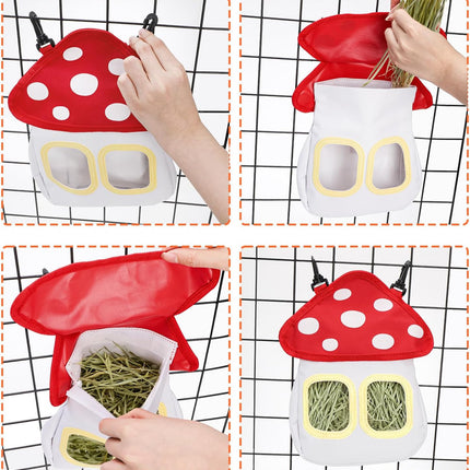Bunny Hay Feeder Bag, Cute Mushroom Hanging Holder, Durable Dispenser with 600D Oxford Fabric for Guinea Pigs Chinchillas Hamster, Small Animal Cage Accessories
