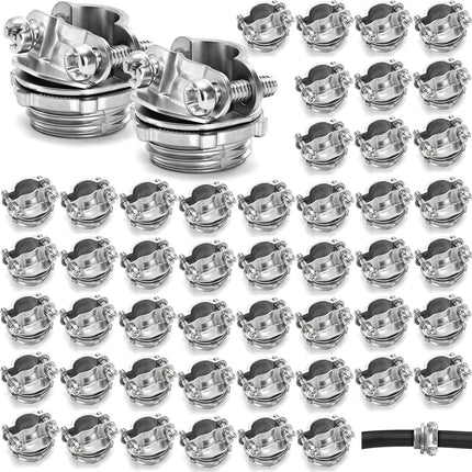 50 Pack 1/2 Inch Clamp Type Cable Connectors, Zinc Alloy and Steel Electrical Conduit Fittings for NM Cable, Rust Resistant Non-Metallic Wire Clamps to Protect Cables, Silver