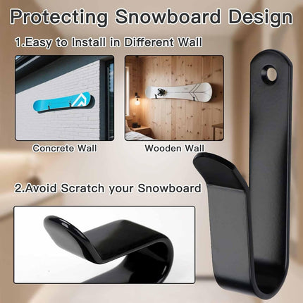 Snowboard Wall Mount & Skateboard Display Rack - Horizontal Hanger Clips for Snowboards, Longboards, Skateboards Space Saving Storage Solution Garage, Bedroom, Living Room (Black, 2 PCS) Black PCS