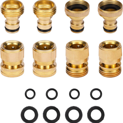 Garden Hose Quick Connect Solid Brass Connector Water Connectors Easy Fittings Standard 3/4 inch GHT, 4 Complete Sets female & Male, Free Washers Gaskets