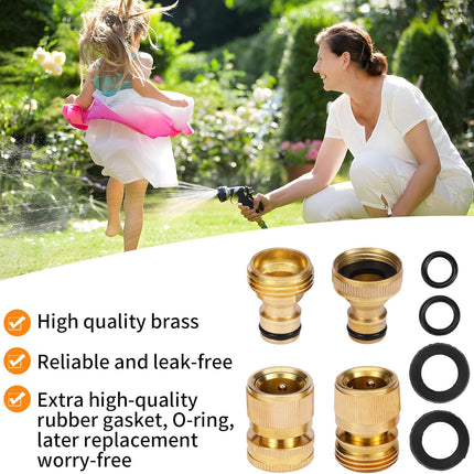 Garden Hose Quick Connect Solid Brass Connector Water Connectors Easy Fittings Standard 3/4 inch GHT, 4 Complete Sets female & Male, Free Washers Gaskets