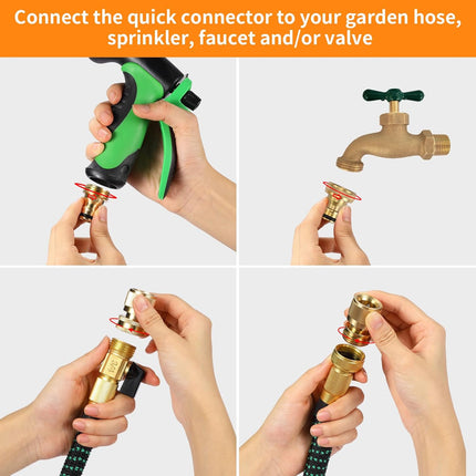 Garden Hose Quick Connect Solid Brass Connector Water Connectors Easy Fittings Standard 3/4 inch GHT, 4 Complete Sets female & Male, Free Washers Gaskets