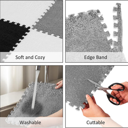 36 Pack Plush Foam Floor Mat Square Interlocking Carpet Tiles with Border Fluffy Play Soft Climbing Rugs for Bedroom Playroom, 12 x 0.4 in(Black, White, Gray) Black, Gray