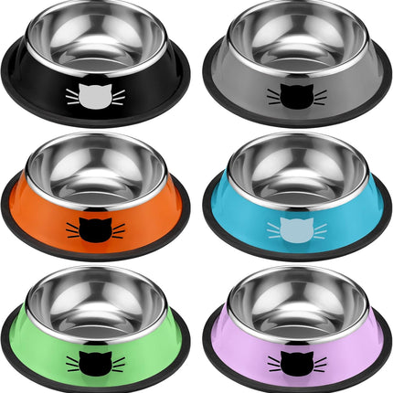 6 Pcs Cat Bowls for Food and Water Dishes Stainless Steel Pet 7 oz Anti Slip Metal Dish with Removable Rubber Base Thick Feeding Indoor Kitten Small Dog(Classic Color) Classic Color