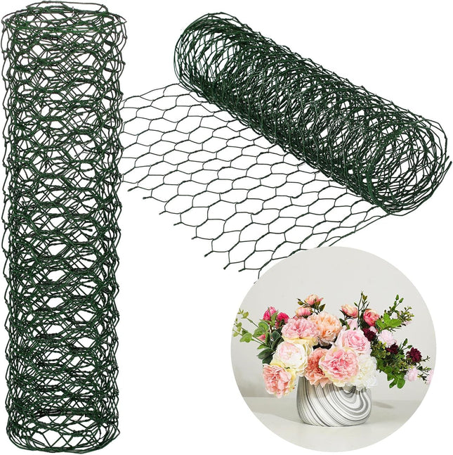 2 Pack Chicken Wire for Floral Arrangements 0.6 Inch Mesh Hexagonal Galvanized PVC Coated Netting in Green
