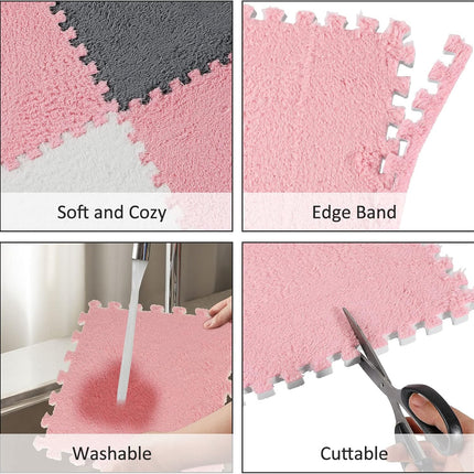 72 Pieces Plush Foam Floor Mat Square Interlocking Carpet Tiles with Border 12 x 0.4 in Fluffy Play Soft Climbing Area Rugs for Home Playroom(White, Gray, Pink) White, Pink