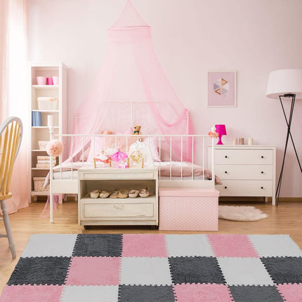 72 Pieces Plush Foam Floor Mat Square Interlocking Carpet Tiles with Border 12 x 0.4 in Fluffy Play Soft Climbing Area Rugs for Home Playroom(White, Gray, Pink) White, Pink