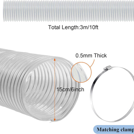 6 Inch, 10 ft Heavy PVC Dust Collection Hose, Flexible Clear Fume Hose with Stainless Steel Wire Coil and Clamp, Puncture Resistant Vacuum Fittings Collector Accessories