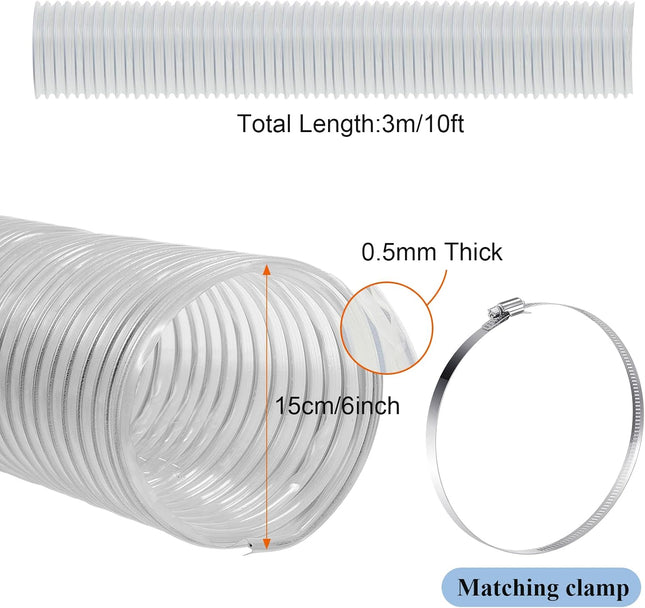 6 Inch 10 ft Heavy PVC Dust Collection Hose Flexible Clear Fume Hose with Stainless – product detail