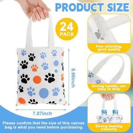 24 Pack 8x8.5 Inch Mini Dog Paw Print Canvas Tote Bags Reusable Small for Pet Party Favors Retail Packaging Cat Lover Gifts Goodie Bag Birthday Wedding Halloween