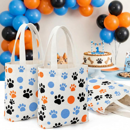 24 Pack 8x8.5 Inch Mini Dog Paw Print Canvas Tote Bags Reusable Small for Pet Party Favors Retail Packaging Cat Lover Gifts Goodie Bag Birthday Wedding Halloween