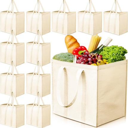 12 Pack Heavy Duty Canvas Grocery Bags, Reusable Large Tote Washable & Foldable for Shopping, Storage Beige