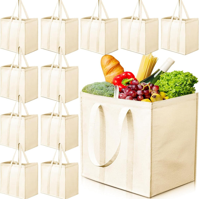 12 Pack Heavy Duty Canvas Grocery Bags, Reusable Large Tote Washable & Foldable for Shopping, Storage Beige