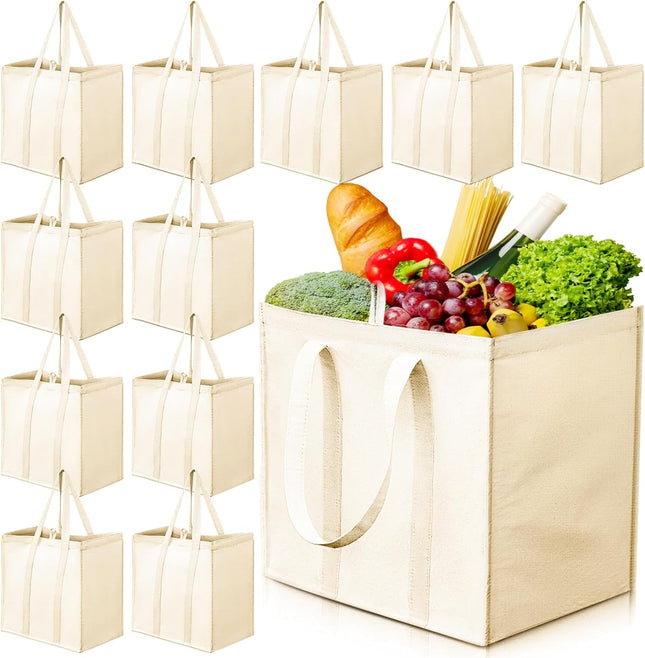 12 Pack Heavy Duty Canvas Grocery Bags Reusable Large Tote Washable & Foldable for Shopping Storage Beige