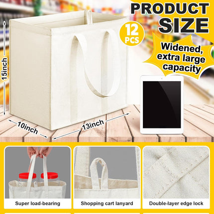 12 Pack Heavy Duty Canvas Grocery Bags, Reusable Large Tote Washable & Foldable for Shopping, Storage Beige