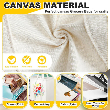 12 Pack Heavy Duty Canvas Grocery Bags, Reusable Large Tote Washable & Foldable for Shopping, Storage Beige