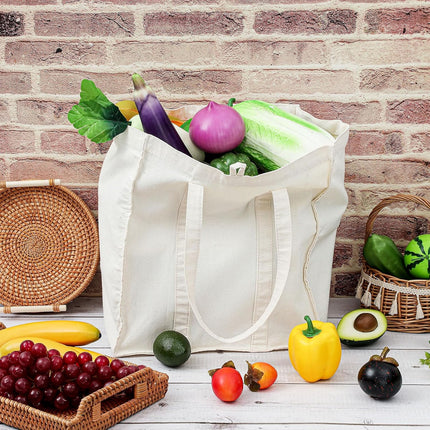 12 Pack Heavy Duty Canvas Grocery Bags, Reusable Large Tote Washable & Foldable for Shopping, Storage Beige