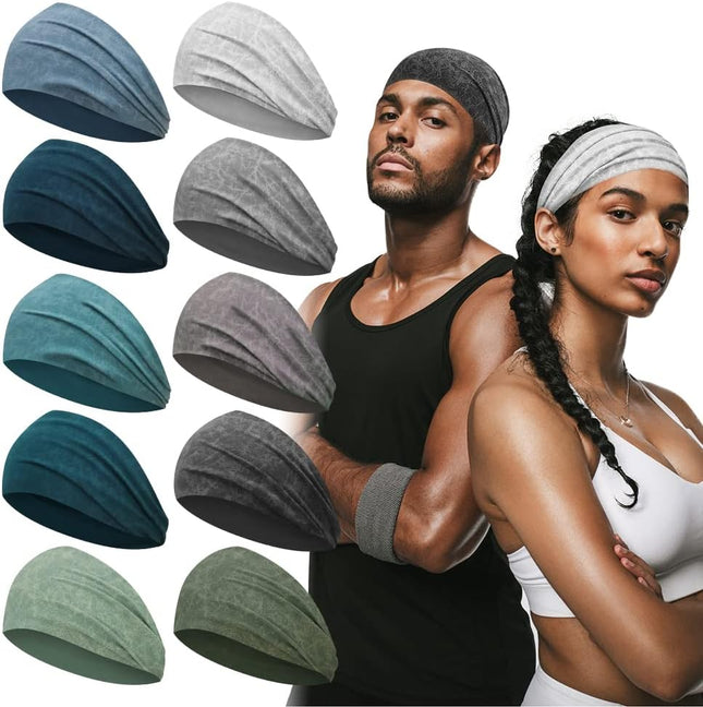 Mens Sports Headbands for Long Hair Wide Sweat Band Yoga No-Slip Workout Men and Women Multicolors 10 PCS
