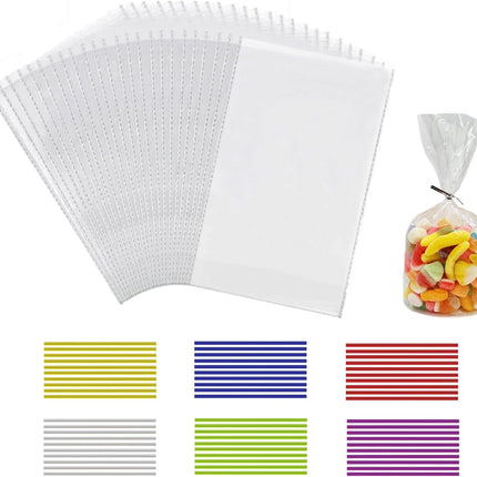 Petluno 100 Clear Cellophane Bags Large 25x15 cm Lolly Gift Bags with Colourful Ties Suitable Clear Bags for Lollies Chocolate Bread Transparent-25 x 15 cm-100