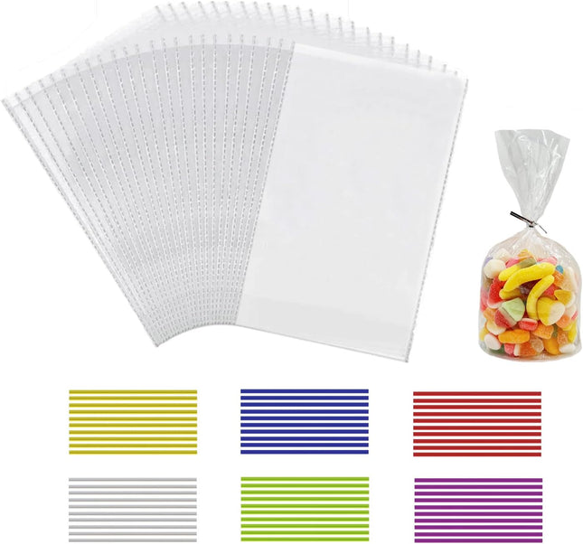 Petluno 100 Clear Cellophane Bags Large 25x15 cm Lolly Gift Bags with Colourful Ties Suitable