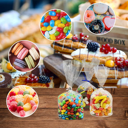 Petluno 100 Clear Cellophane Bags Large 25x15 cm Lolly Gift Bags with Colourful Ties Suitable Clear Bags for Lollies Chocolate Bread Transparent-25 x 15 cm-100