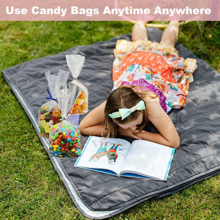 Petluno 100 Clear Cellophane Bags Large 25x15 cm Lolly Gift Bags with Colourful Ties Suitable Clear Bags for Lollies Chocolate Bread Transparent-25 x 15 cm-100