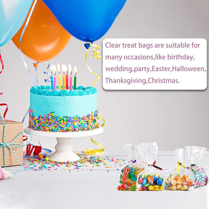 Petluno 100 Clear Cellophane Bags Large 25x15 cm Lolly Gift Bags with Colourful Ties Suitable Clear Bags for Lollies Chocolate Bread Transparent-25 x 15 cm-100