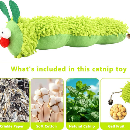 Petluno Cat Catnip Toy for Indoor Cats, Chew Teeth Cleaning, Bite-Resistant Plush Caterpillar Design, Dental Health Benefits, Green