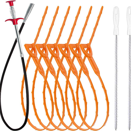 35.5-inch Drain Clog Remover (1 piece), 25-inch Snake Hair Remover (6 pieces) & Cleaning Brush (2 pieces), Catcher Auger Cleaner Tool Set For Toilet, Kitchen Sink, Bathroom Tub, Sewer, 9 Pack